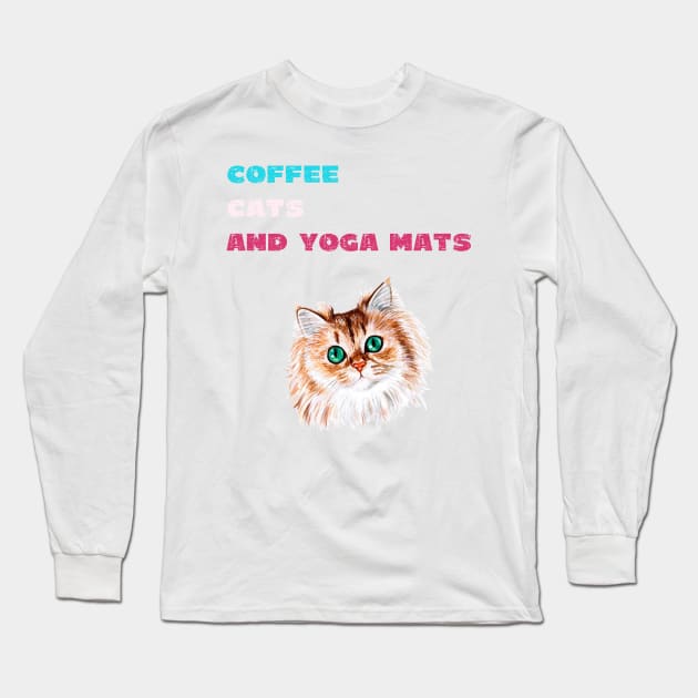 Coffee cats and yoga mats funny yoga and cat drawing Long Sleeve T-Shirt by Red Yoga